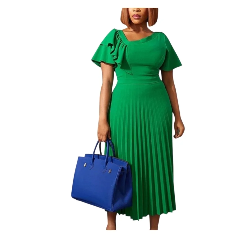 AOMEI - Medium Spring Asymmetrical Green Pleated Dress - Picture 2 of 16